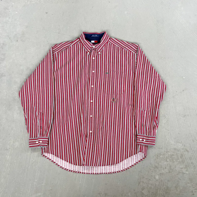 F- Vintage Tommy Hilfiger Navy/Red Striped Button Down Shirt sold by HG Vintage