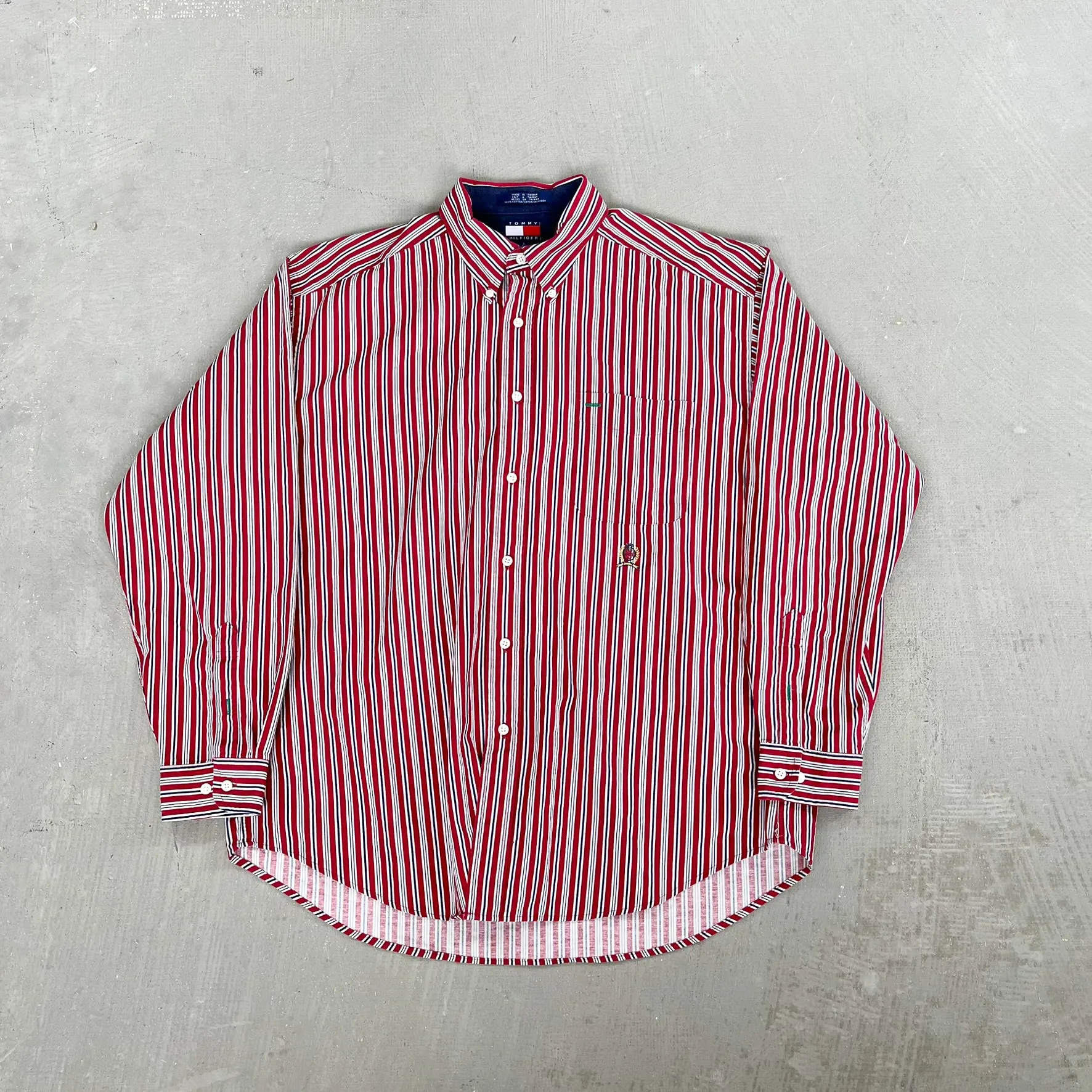 F- Vintage Tommy Hilfiger Navy/Red Striped Button Down Shirt sold by HG Vintage
