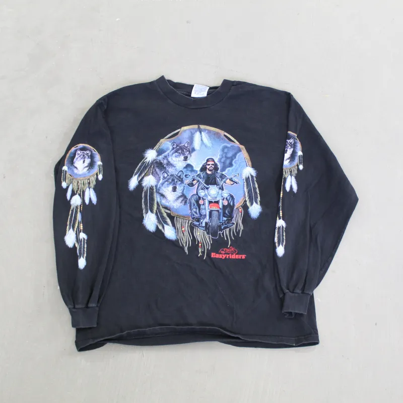F- Vintage Easy Riders Motorcycle & Wolves Long Sleeve Tee sold by HG Vintage