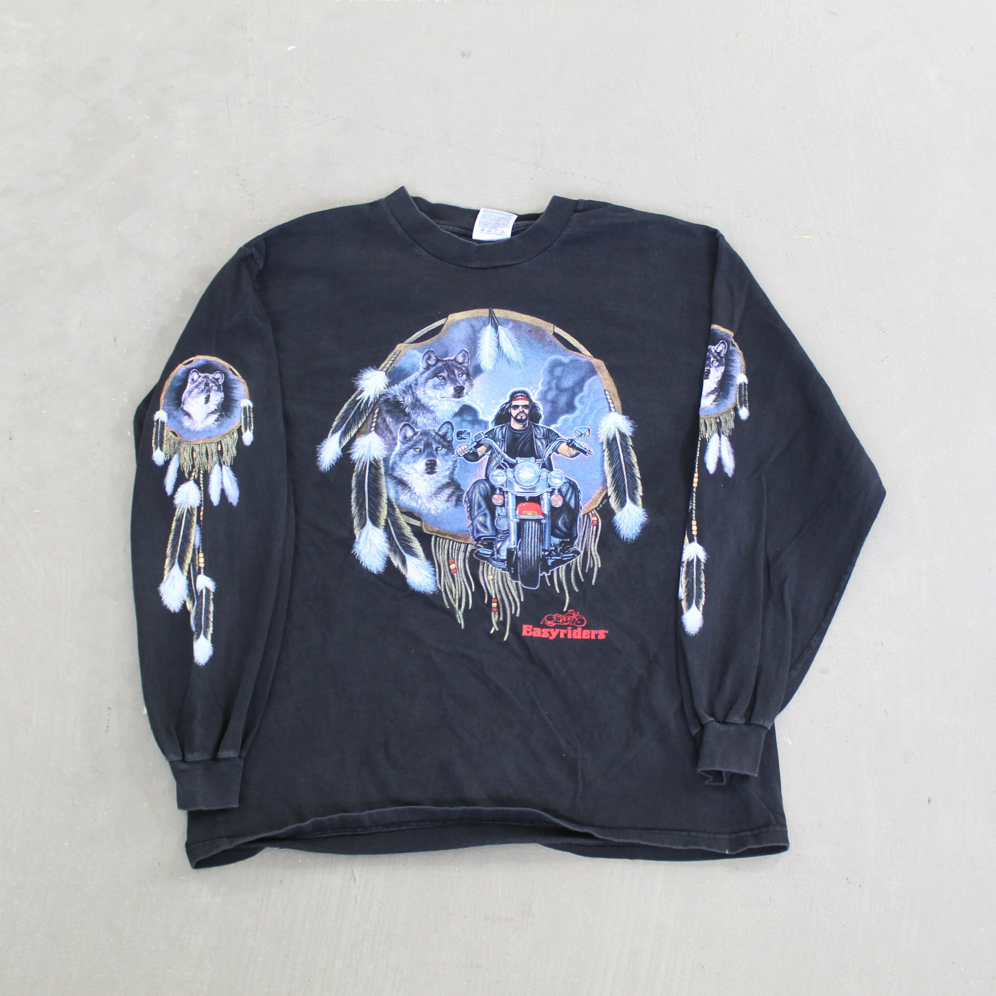 F- Vintage Easy Riders Motorcycle & Wolves Long Sleeve Tee sold by HG Vintage