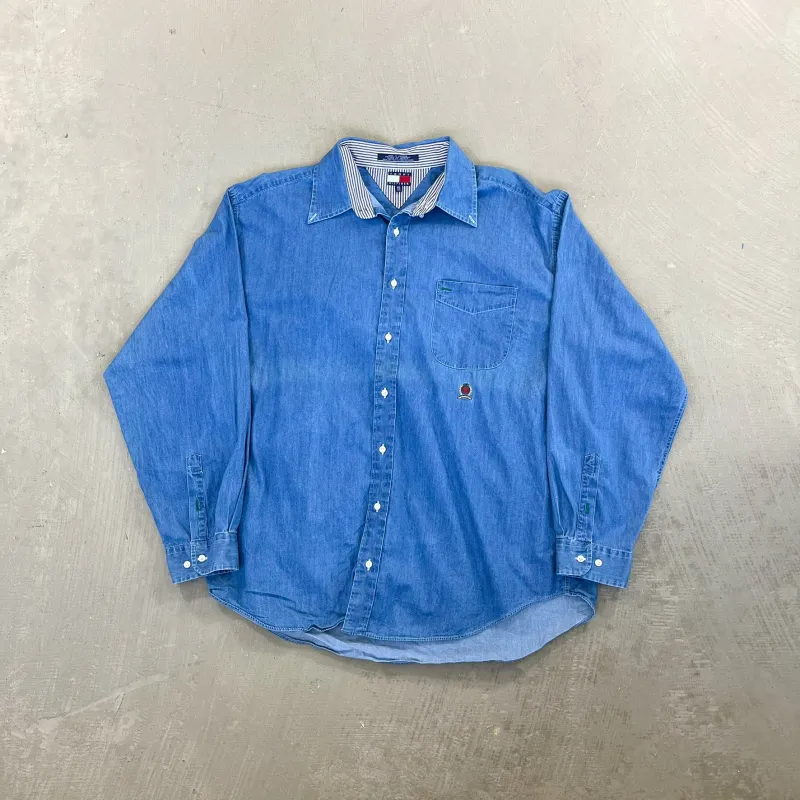 F- Vintage Tommy Hilfiger Emb Crest Denim Style Button Down Shirt sold by HG Vintage