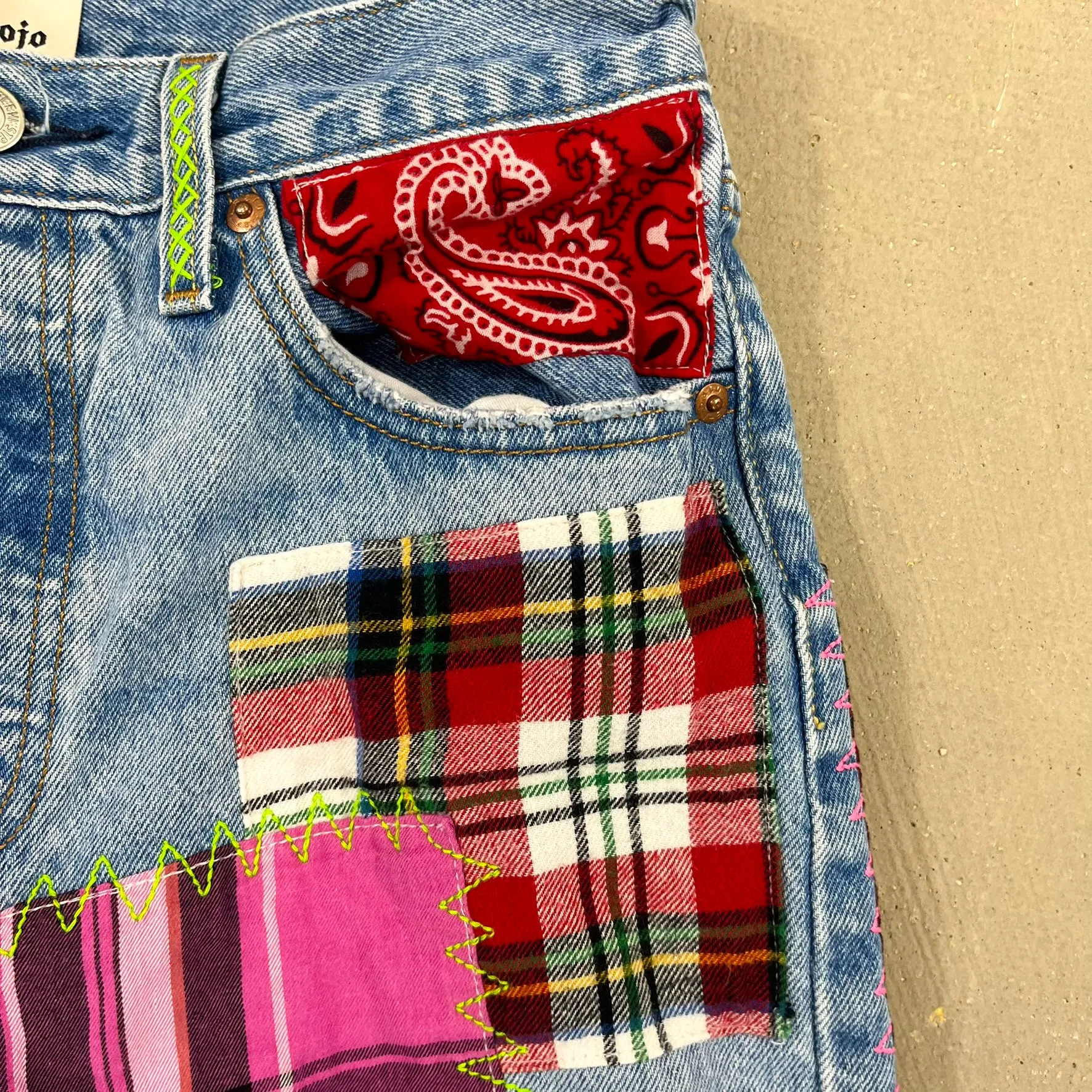 F- HOM Plaid & Pocket Bandana Levi's 501 Reworked Custom Jeans sold by HG Vintage product image thumbnail 3
