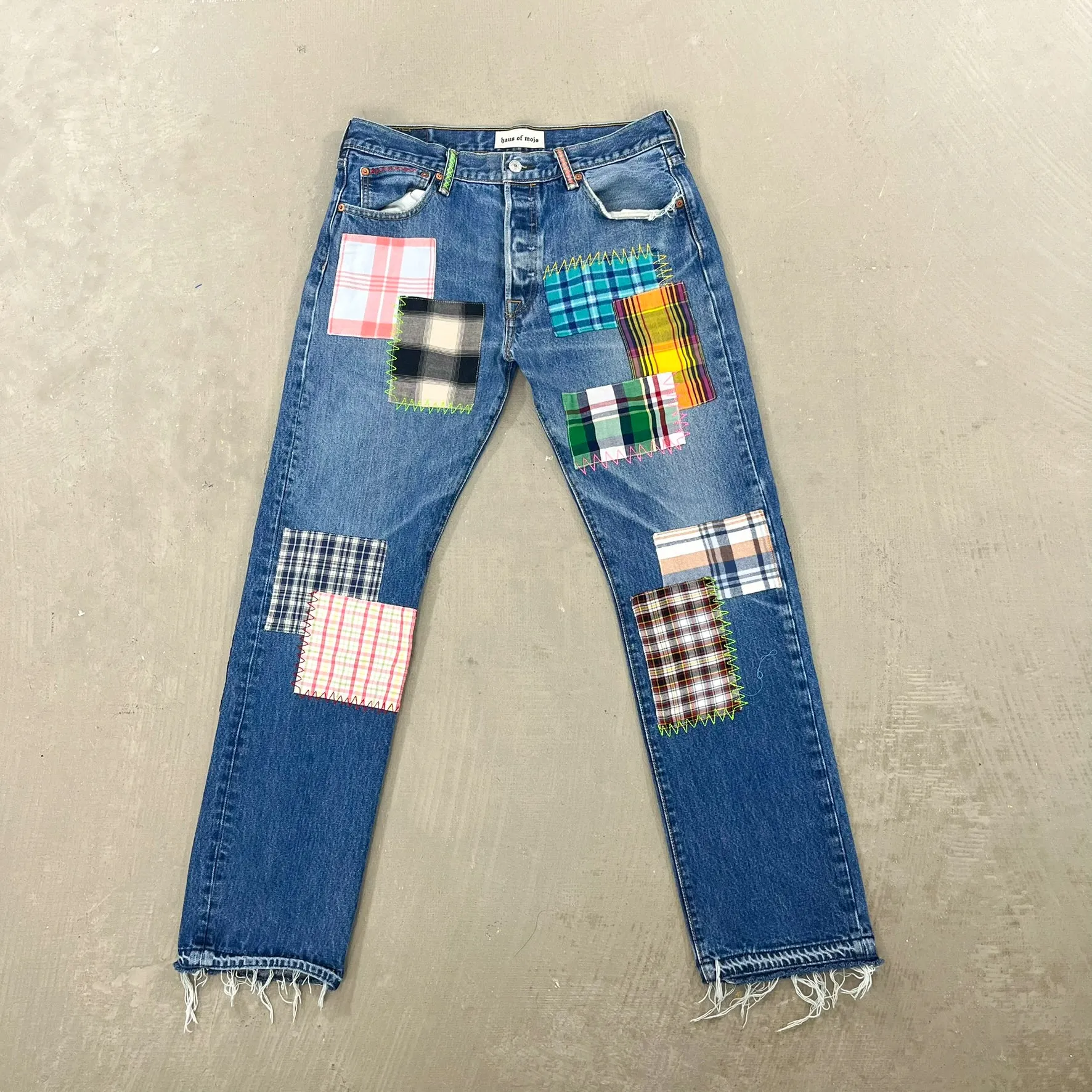 F- HOM Plaid Teal/White Back Pocket Levi's 501 Reworked Custom Jeans sold by HG Vintage