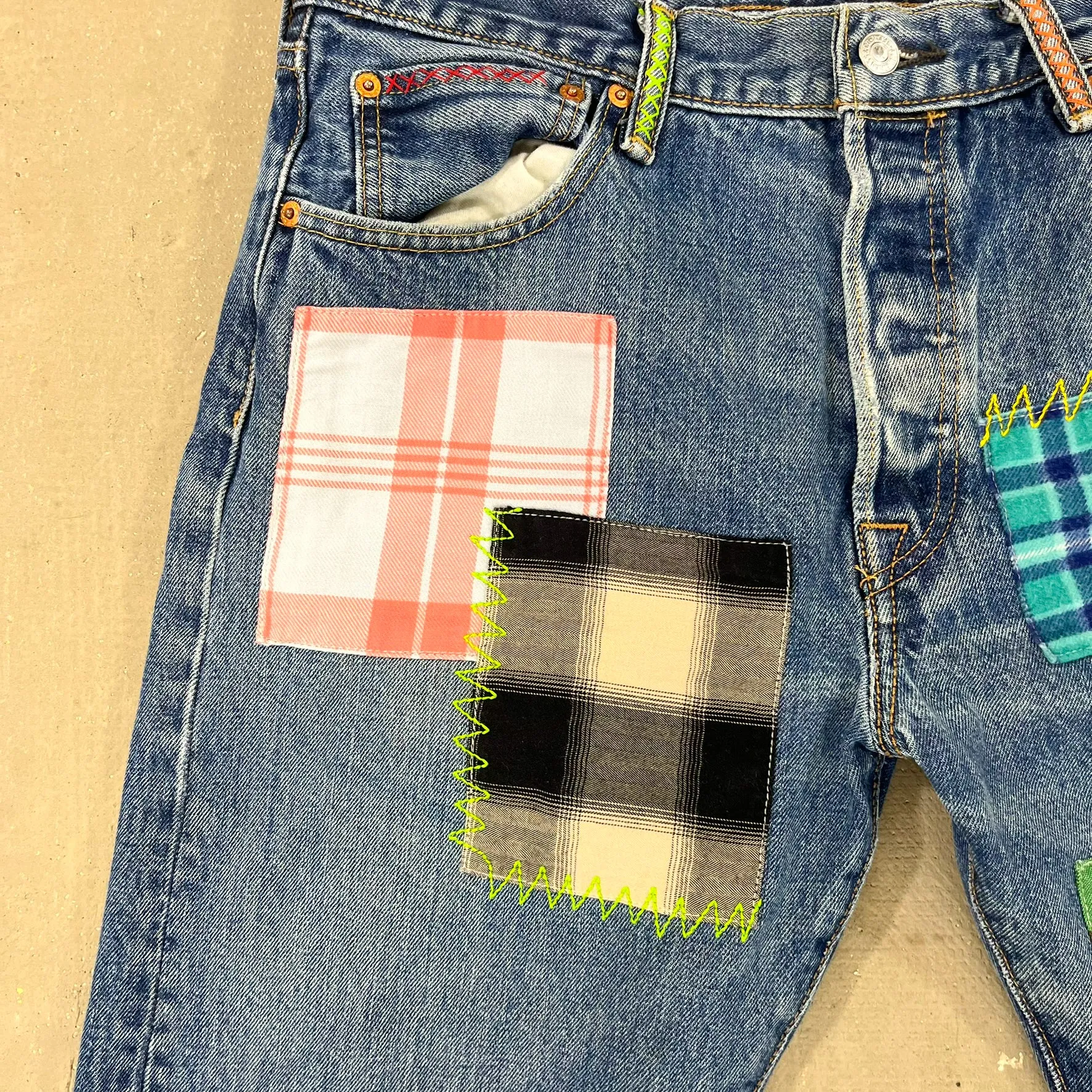 F- HOM Plaid Teal/White Back Pocket Levi's 501 Reworked Custom Jeans sold by HG Vintage product image thumbnail 3