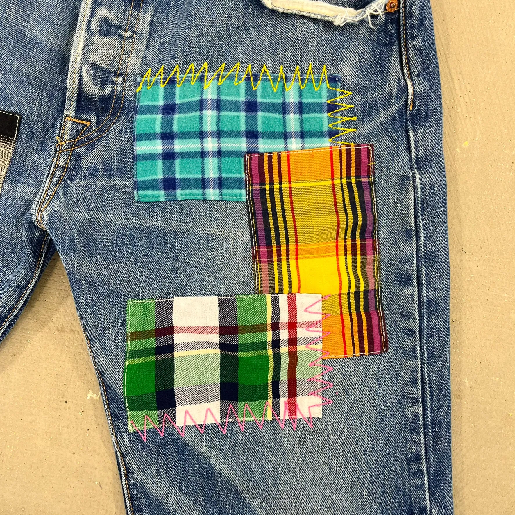 F- HOM Plaid Teal/White Back Pocket Levi's 501 Reworked Custom Jeans sold by HG Vintage product image thumbnail 4