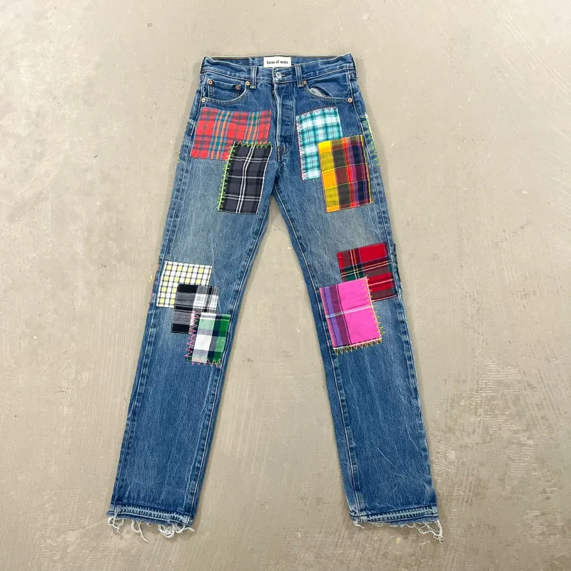 F- HOM Plaid Green/Blue Back Pocket Levi's 501 Reworked Custom Jeans sold by HG Vintage