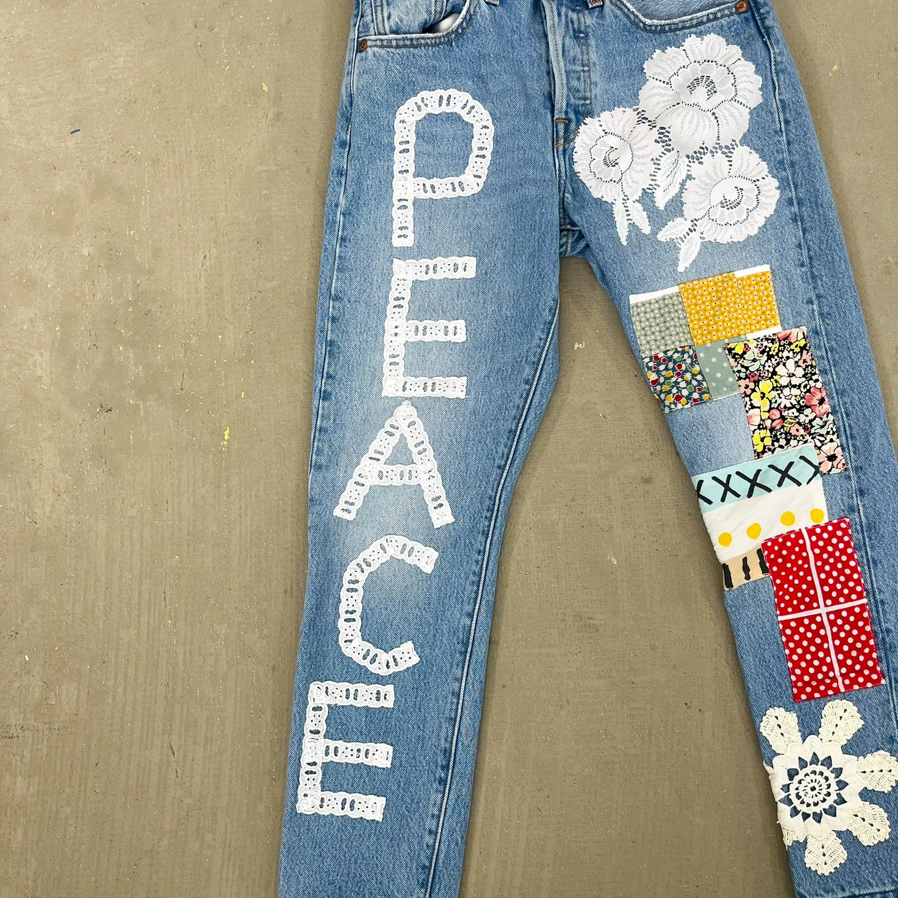 F- HOM PEACE Levi's 501 S Reworked Custom Jeans sold by HG Vintage product image thumbnail 2