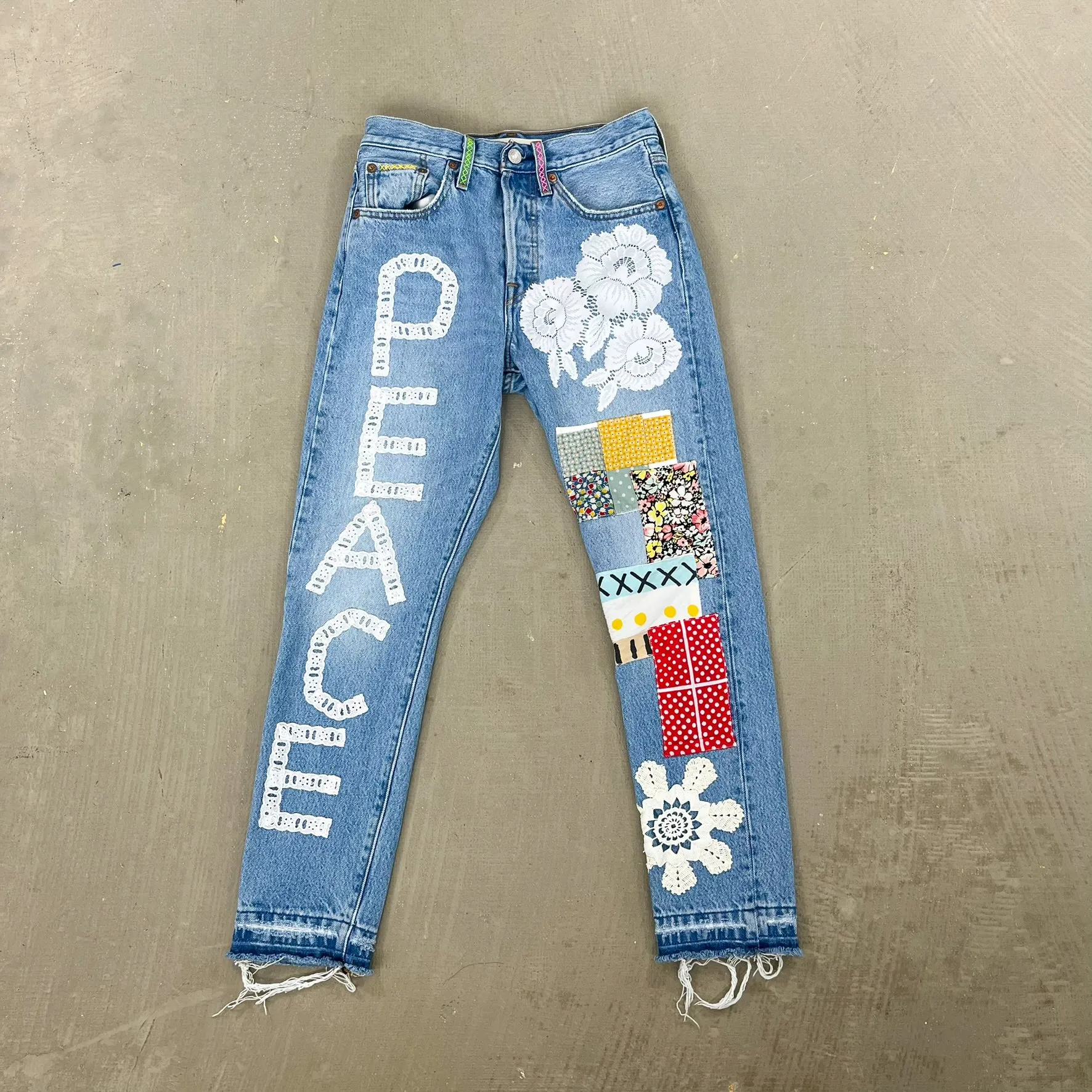 F- HOM PEACE Levi's 501 S Reworked Custom Jeans sold by HG Vintage