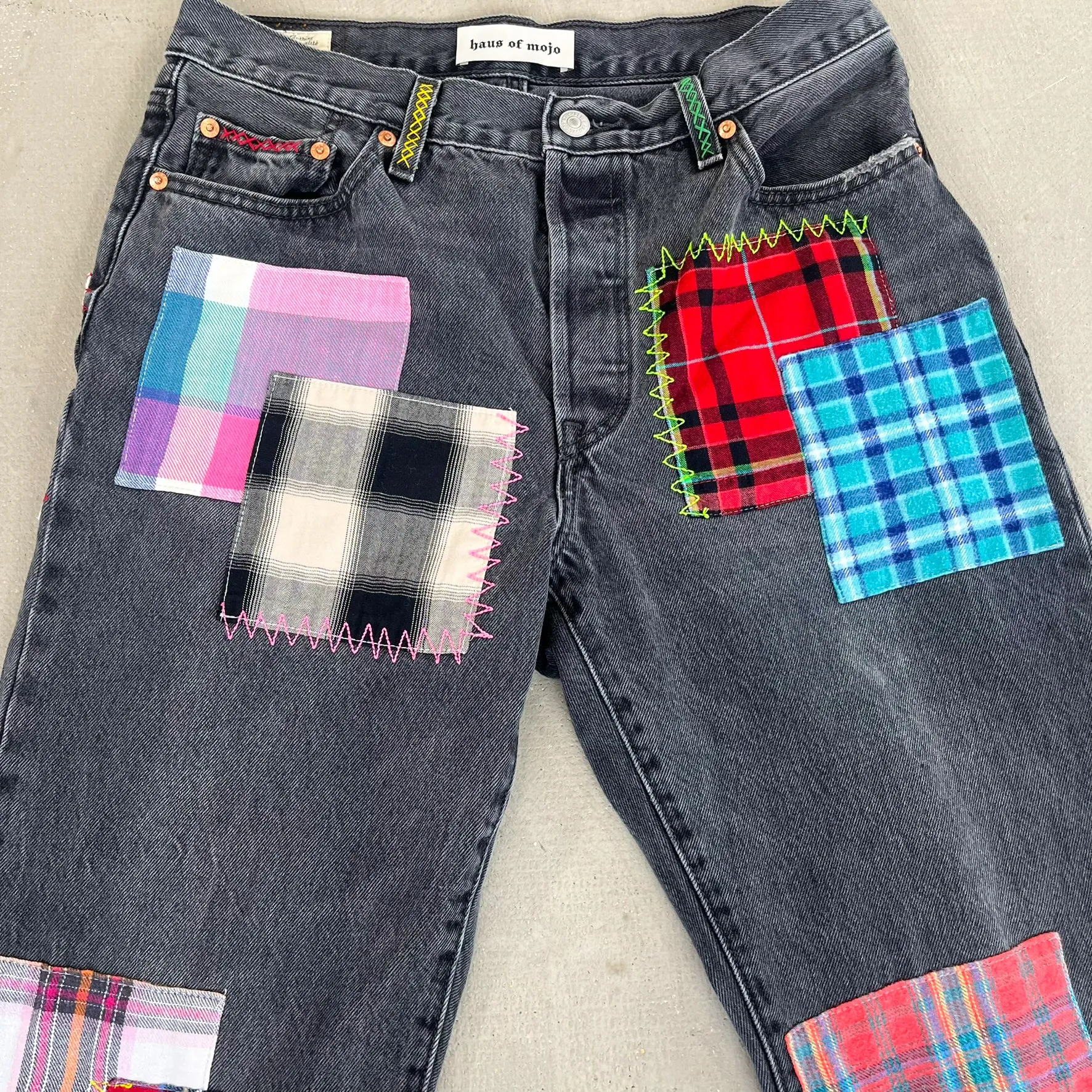 F- HOM Plaid Pink/White Back Pocket Levi's 501 90s Reworked Custom Jeans sold by HG Vintage product image thumbnail 3
