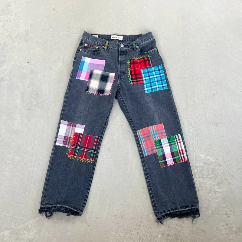F- HOM Plaid Pink/White Back Pocket Levi's 501 90s Reworked Custom Jeans sold by HG Vintage