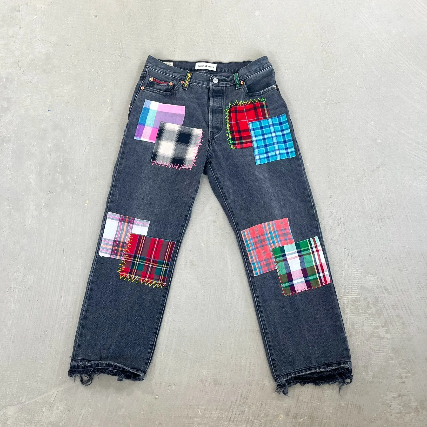 F- HOM Plaid Pink/White Back Pocket Levi's 501 90s Reworked Custom Jeans sold by HG Vintage