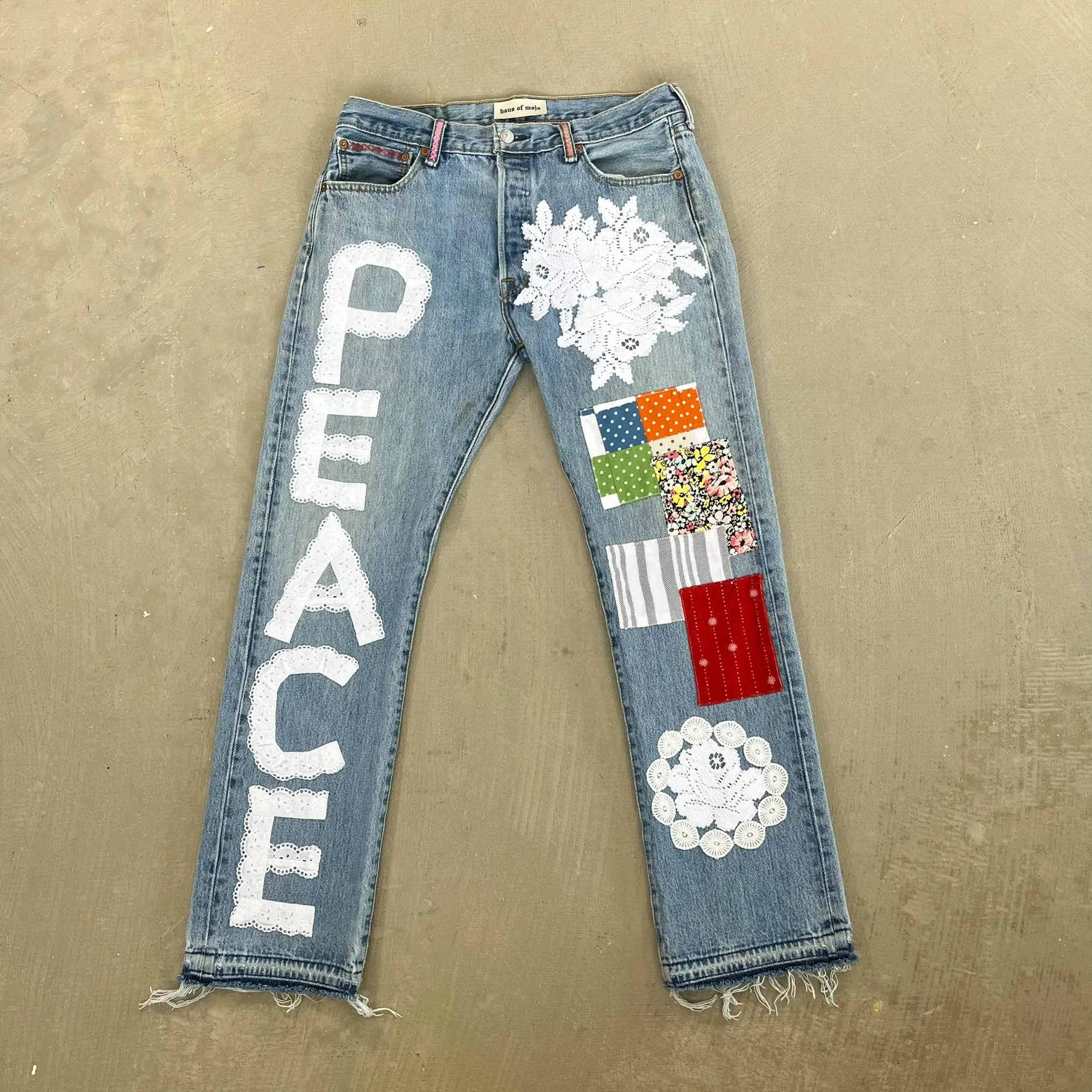 F- HOM PEACE Levi's 501 Reworked Custom Jeans sold by HG Vintage