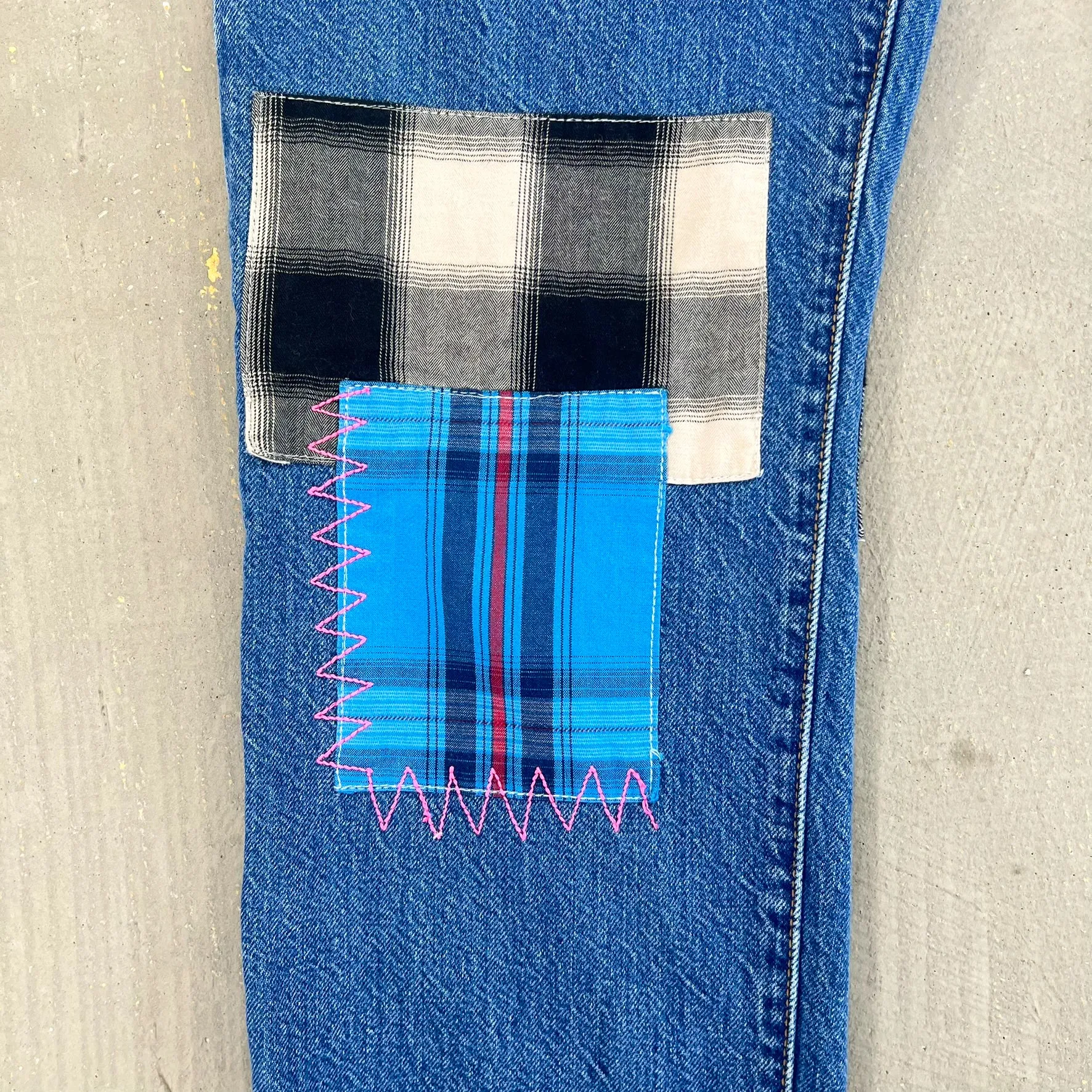 F- HOM Plaid Green/Red Back Pocket Levi's 501 Reworked Custom Jeans sold by HG Vintage product image thumbnail 5