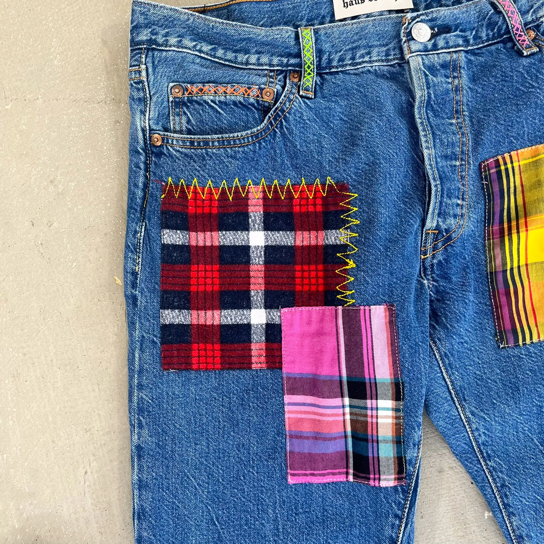 F- HOM Plaid Green/Red Back Pocket Levi's 501 Reworked Custom Jeans sold by HG Vintage product image thumbnail 3