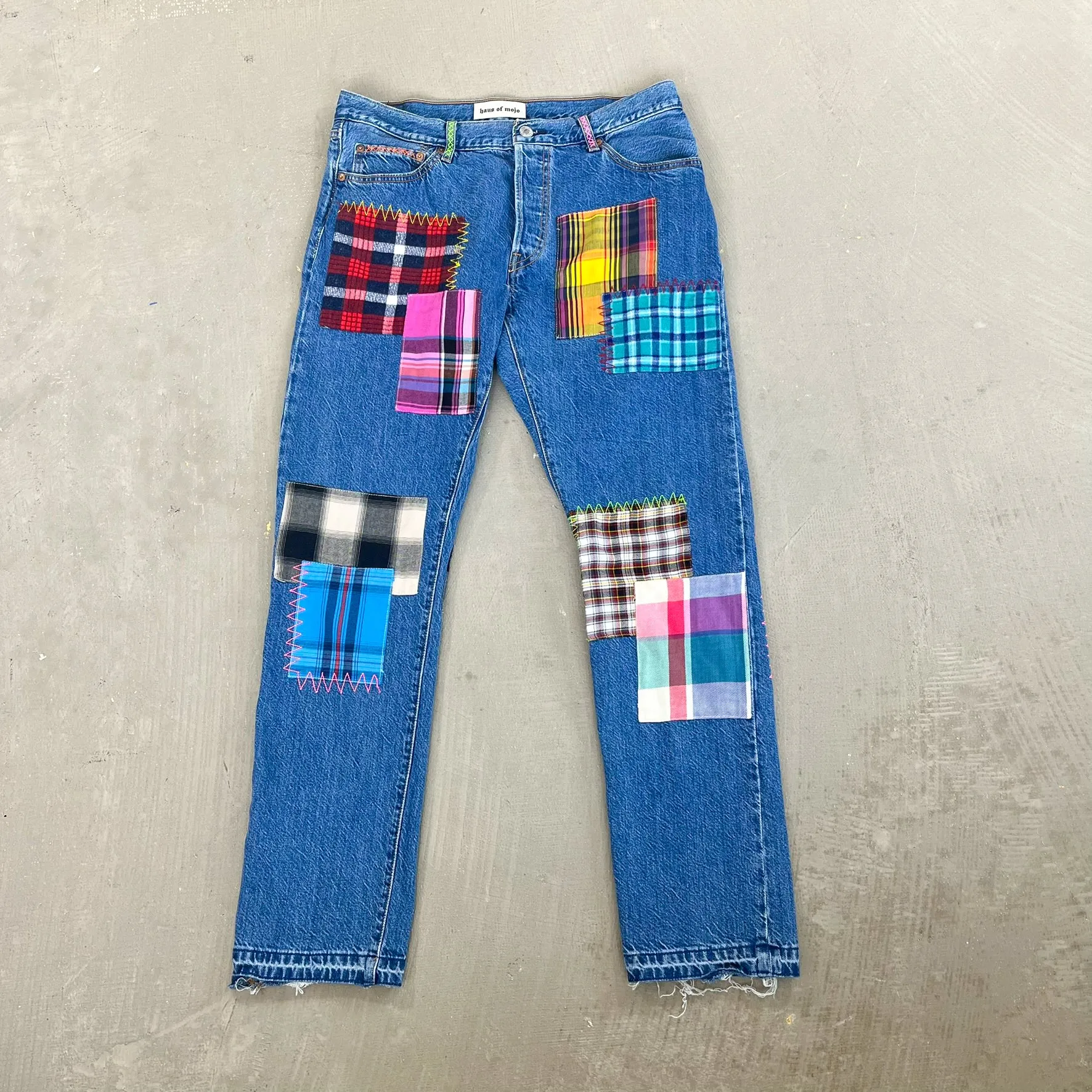 F- HOM Plaid Green/Red Back Pocket Levi's 501 Reworked Custom Jeans sold by HG Vintage