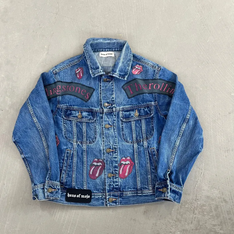 F- HOM Rolling Stones & Kiss Reworked Custom Denim Jackets sold by HG Vintage