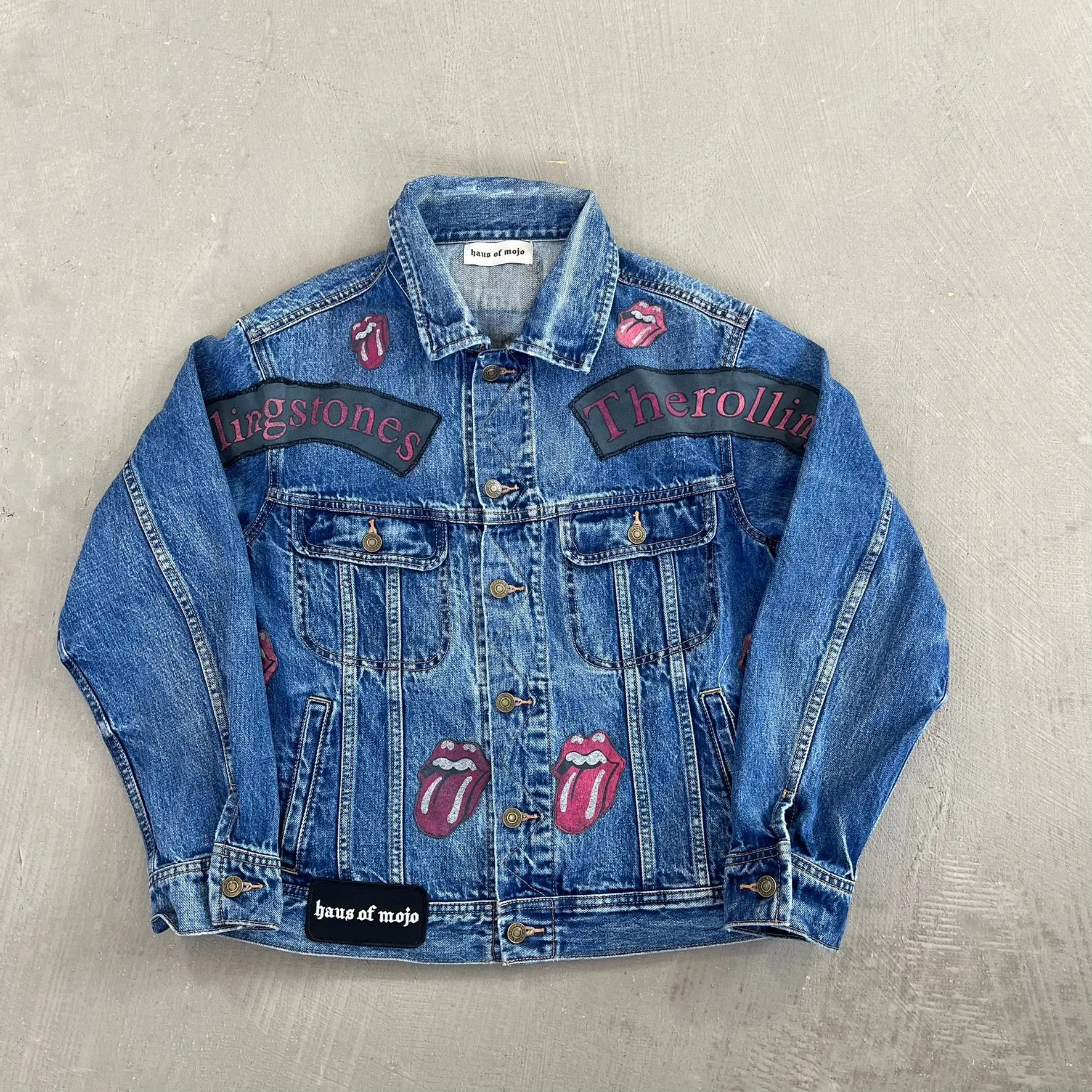F- HOM Rolling Stones & Kiss Reworked Custom Denim Jackets sold by HG Vintage