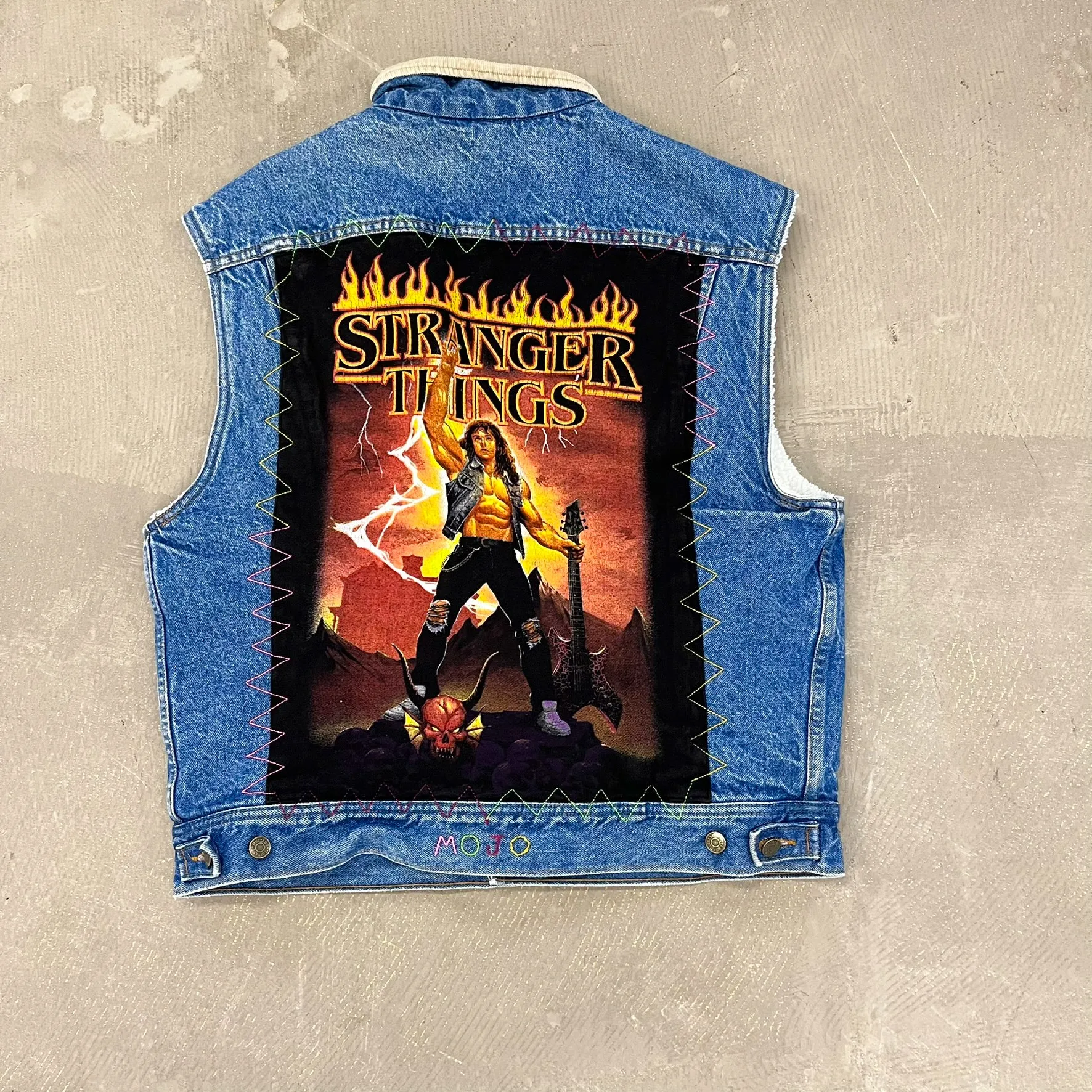 F- HOM Stranger Things Eddie Sherpa Mustang Storm Rider Reworked Custom Denim Vest sold by HG Vintage product image thumbnail 4