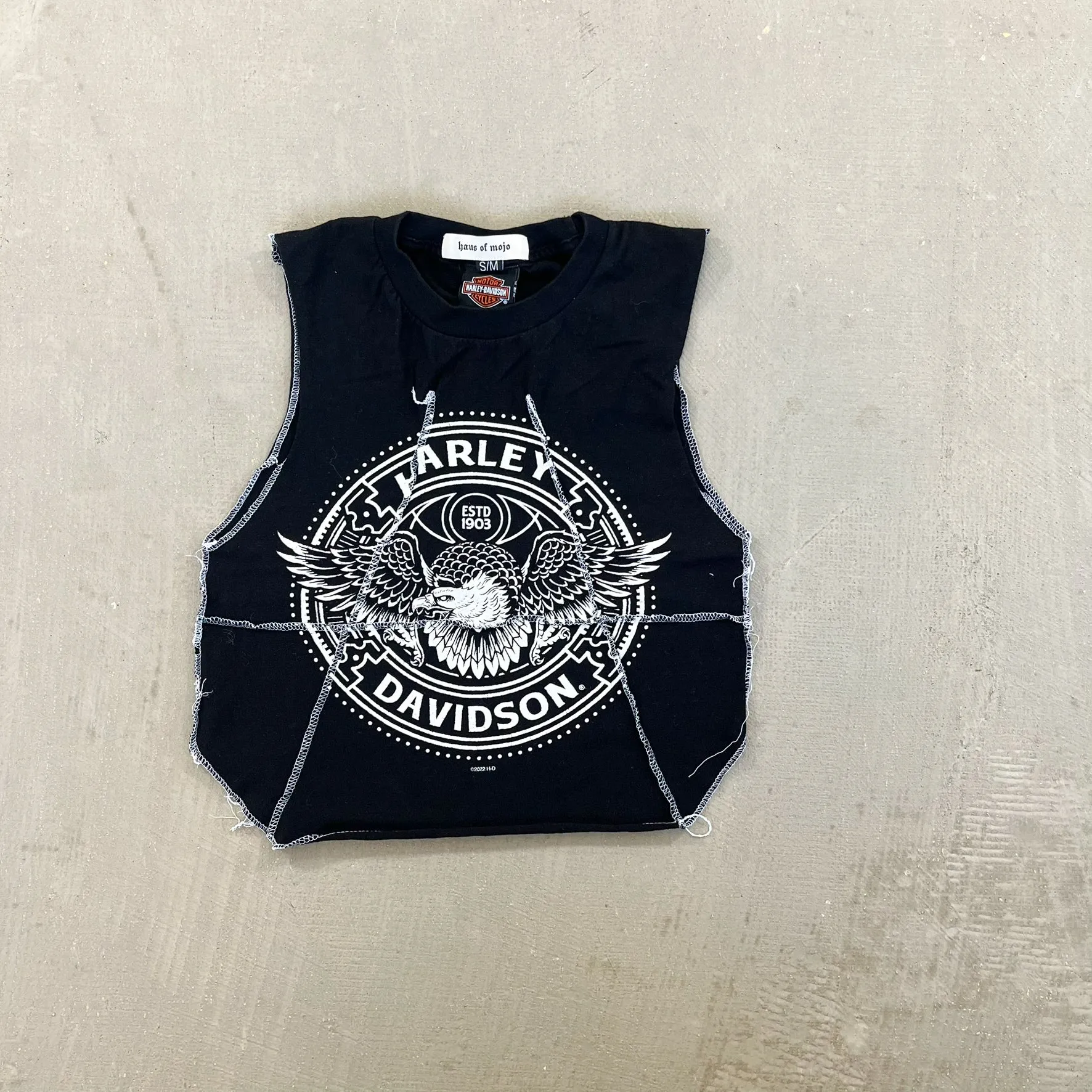 F- HOM Harley Davidson Vacaville Reworked Dbl Stitch Crop Top sold by HG Vintage
