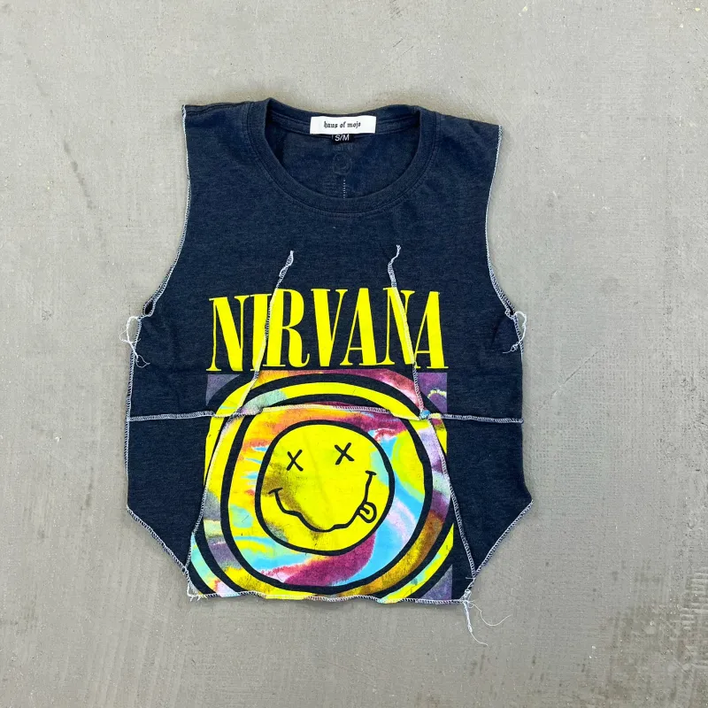 F- HOM Nirvana Smiley Face Tie Dye Reworked Double Stitch Crop Top sold by HG Vintage