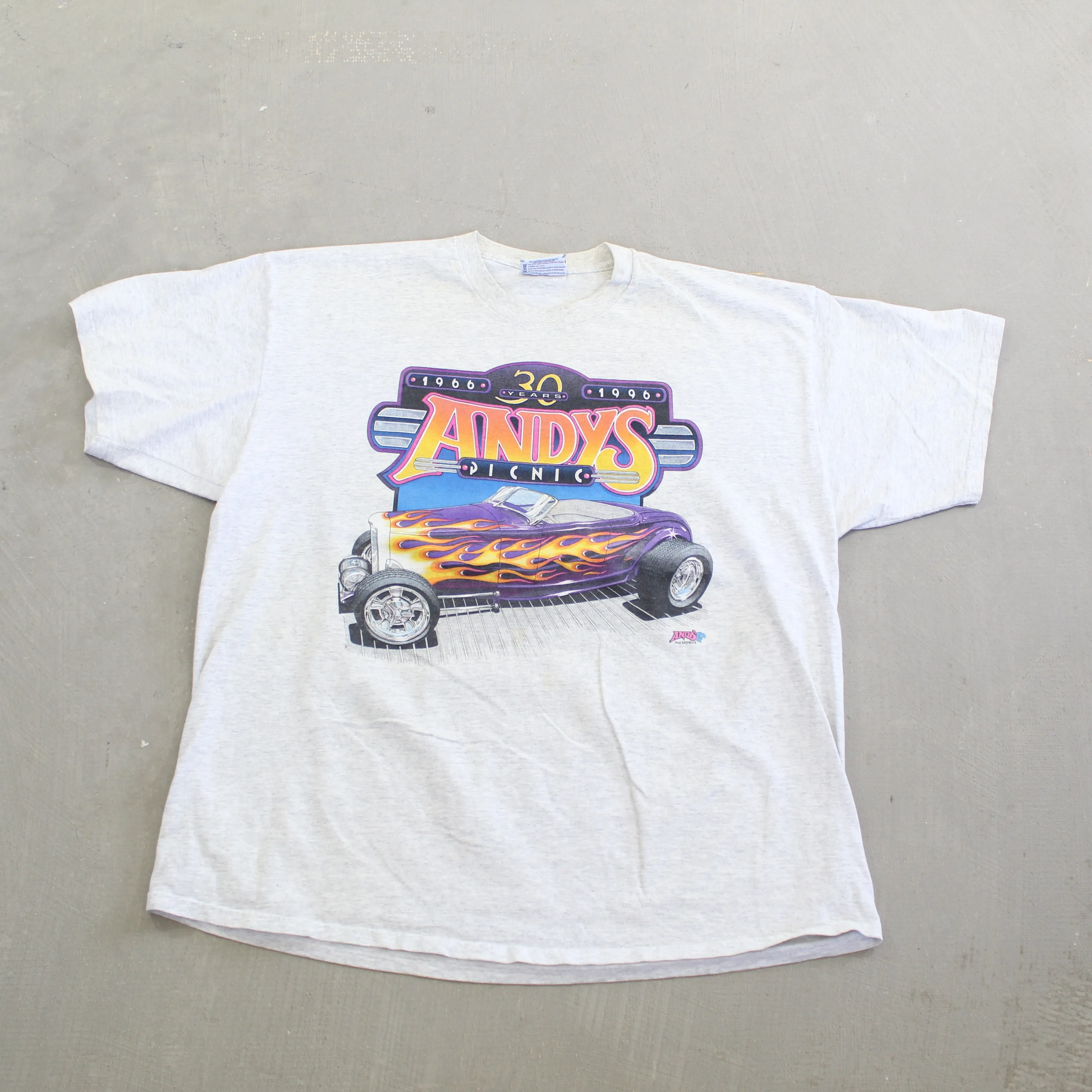 F- Vintage 1996 Andys Picnic Hot Rod Car Graphic Tee sold by HG Vintage