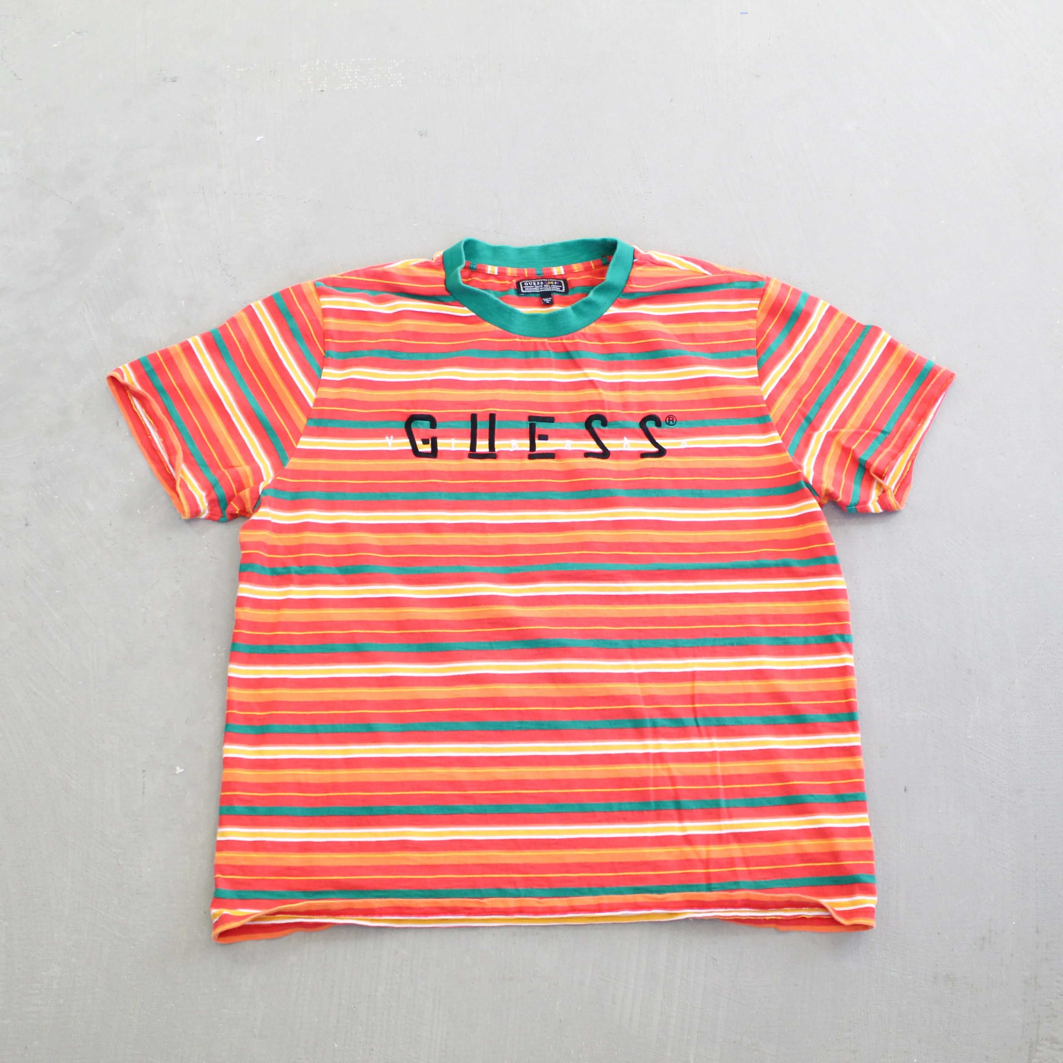 F- 2018 Guess J Balvin Vibras Tour Striped Orange Green Tee sold by HG Vintage