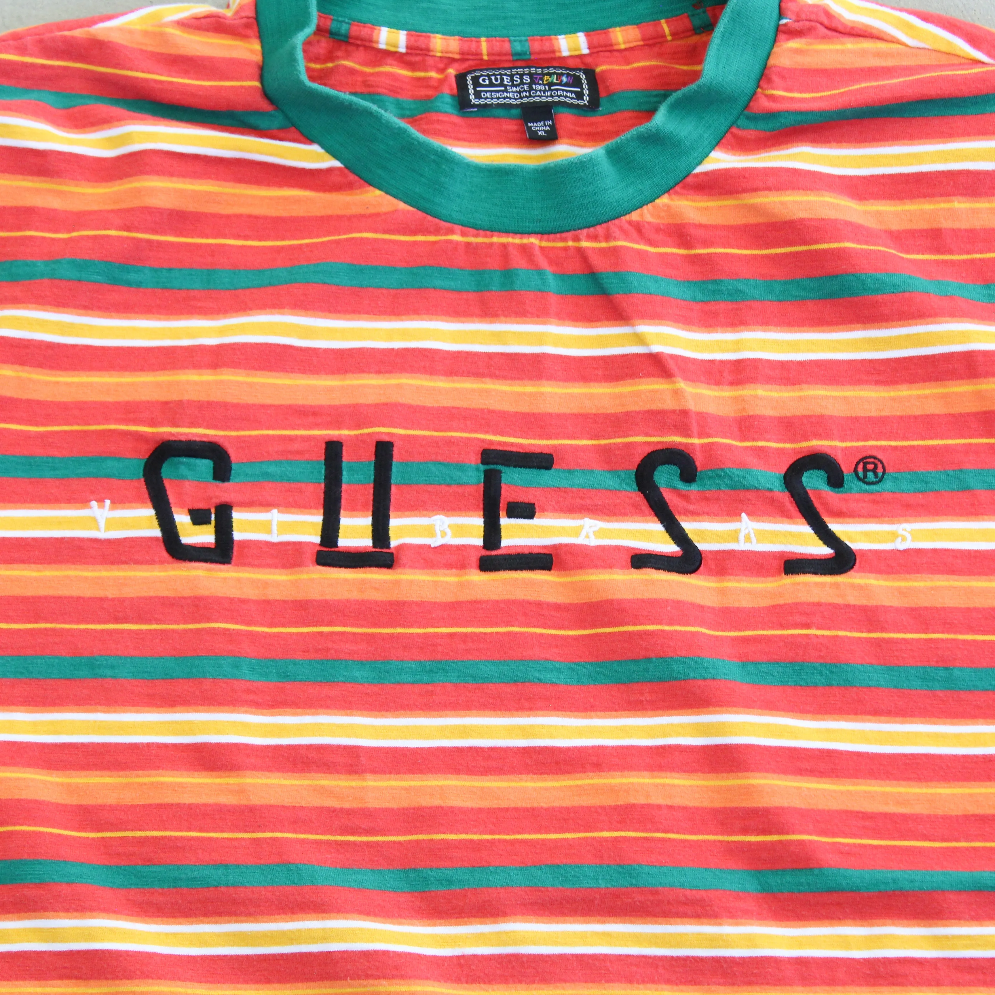 F- 2018 Guess J Balvin Vibras Tour Striped Orange Green Tee sold by HG Vintage product image thumbnail 2