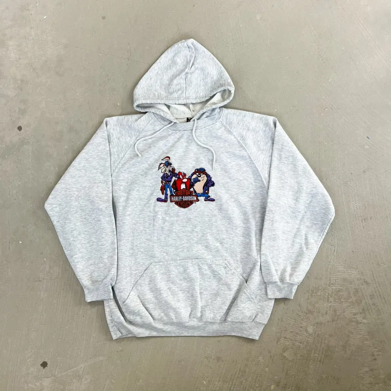 F- Vintage Harley Davidson Looney Tunes Taz/Coyote/Sam Embroidered Hoodie sold by HG Vintage
