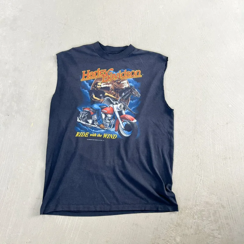 F- Vintage '91 Harley Davidson 3D Emblem Ride The Wind Cut Off Single Stitch Tee sold by HG Vintage