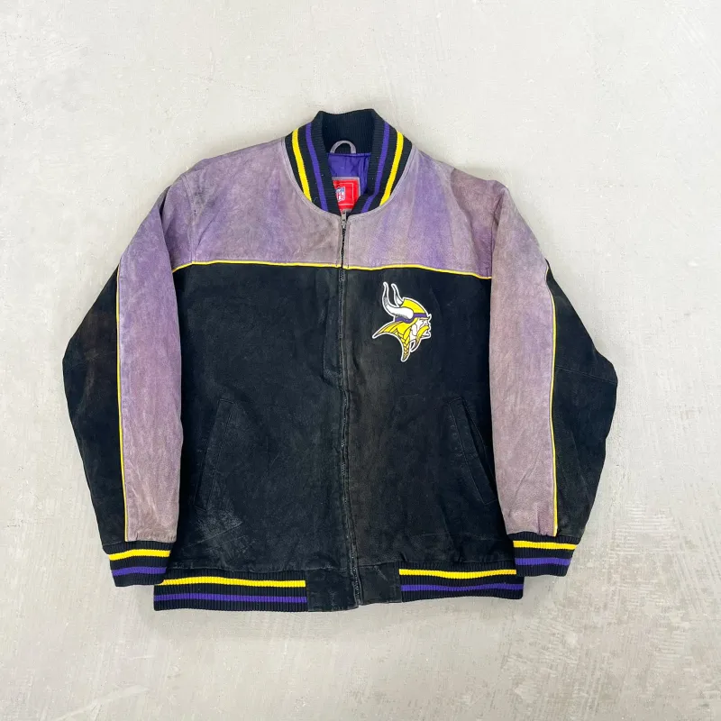 F- Vintage Minnesota Vikings NFL Embroidered Logo Suede Jacket sold by HG Vintage
