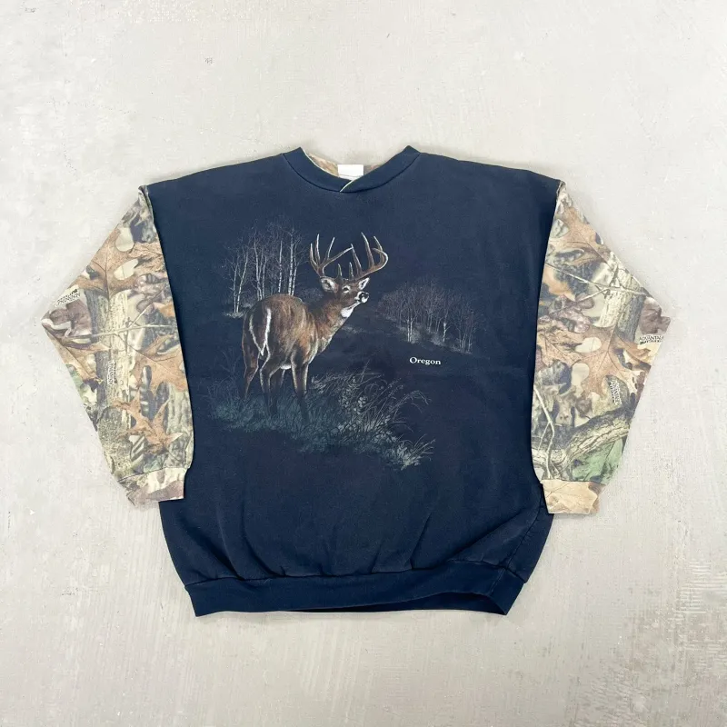 F- Vintage Oregon Deer Graphic/Real Tree Camo Sleeve Crewneck sold by HG Vintage