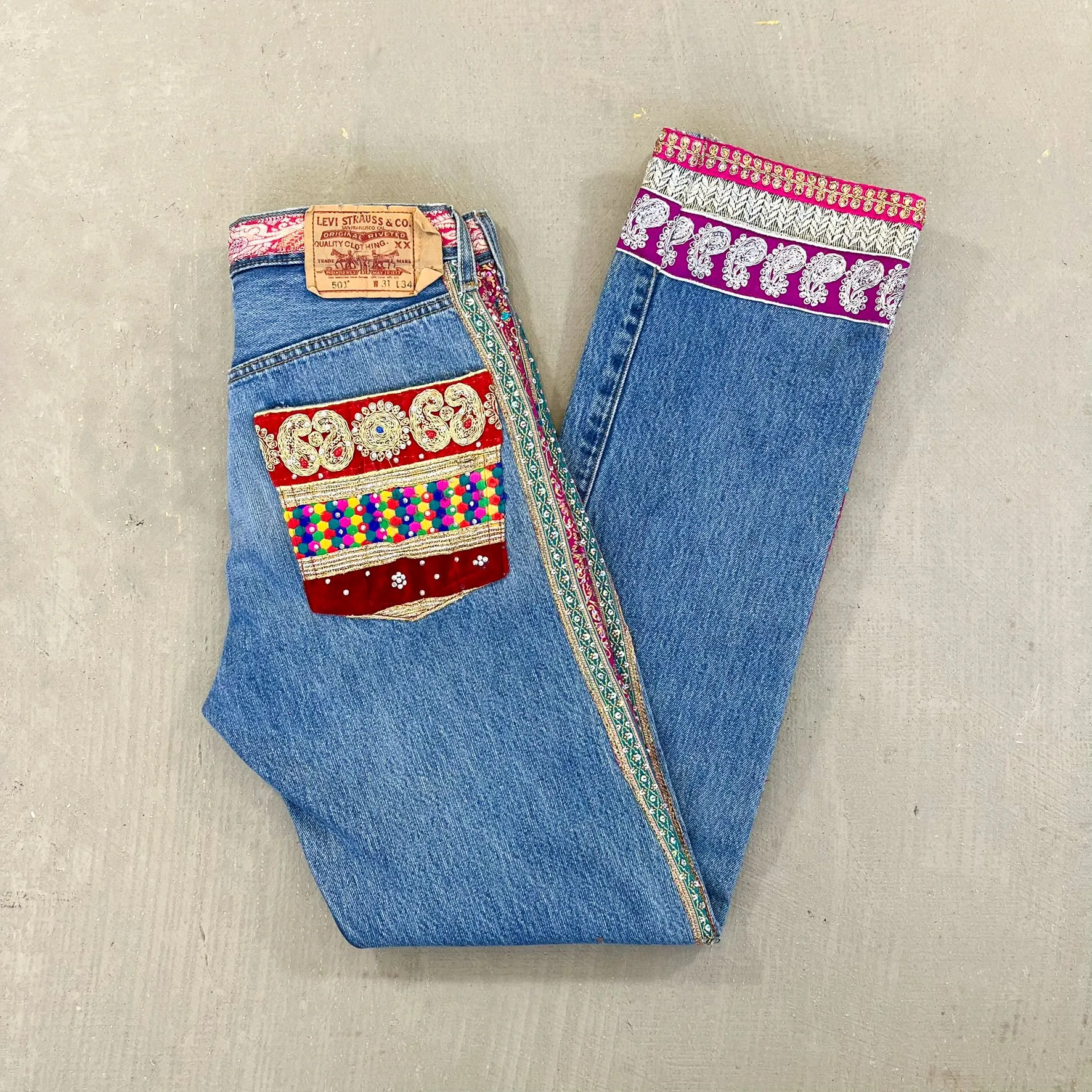 F- HOM Levi's 501 Hand Beaded Reworked Custom Jeans sold by HG Vintage