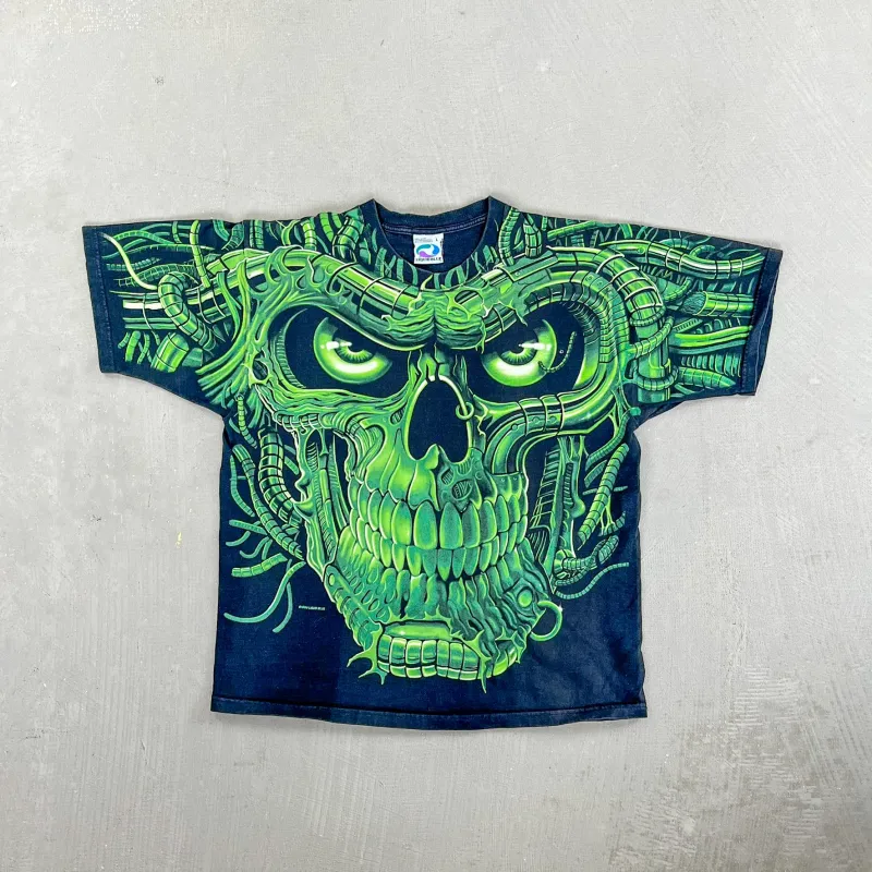 F- Vintage '98 Liquid Blue Robot Skeleton Skull Jumbo Print Tee sold by HG Vintage
