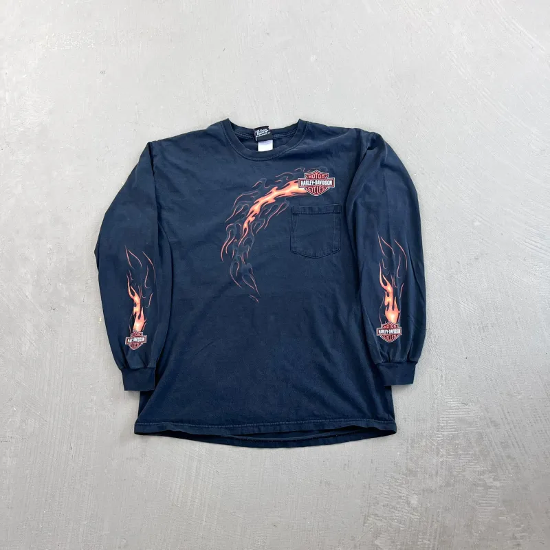 F- Vintage '05 Harley Davidson Kelowna BC Fire Graphic Long Sleeve Tee sold by HG Vintage