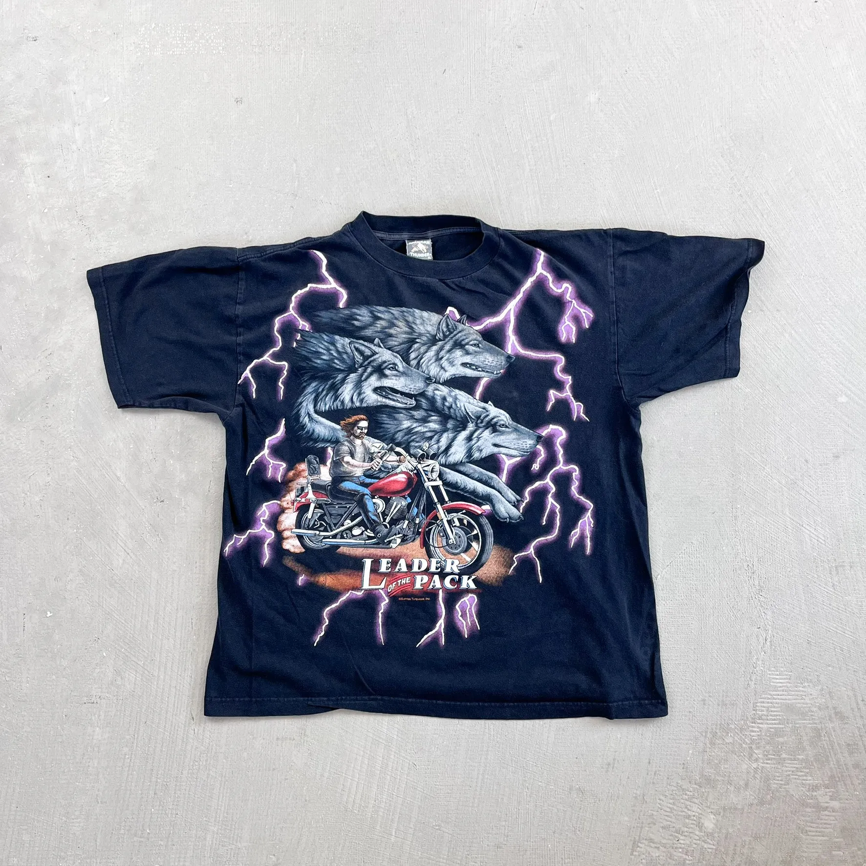 F- Vintage '94 American Thunder Leader Of The Pack Wolves & Motorcycles Purple Thunder Tee sold by HG Vintage