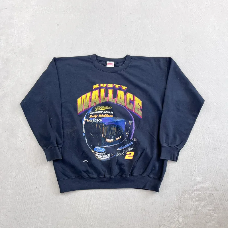F- Vintage Nascar Rusty Wallace Text & Racing Helmet Graphic Crewneck sold by HG Vintage