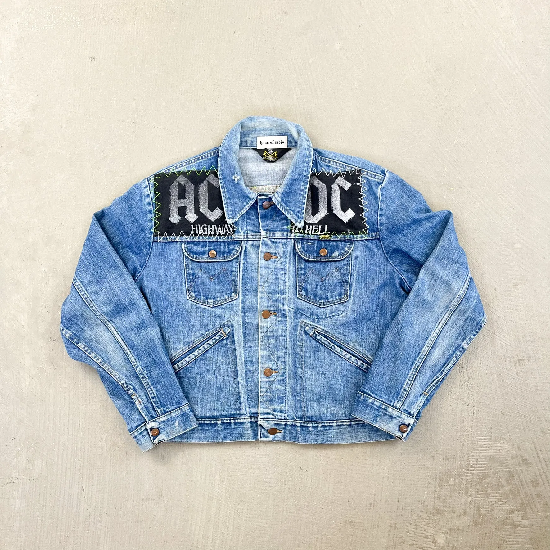 F- HOM AC/DC & Tupac Reworked Custom Denim Jacket sold by HG Vintage