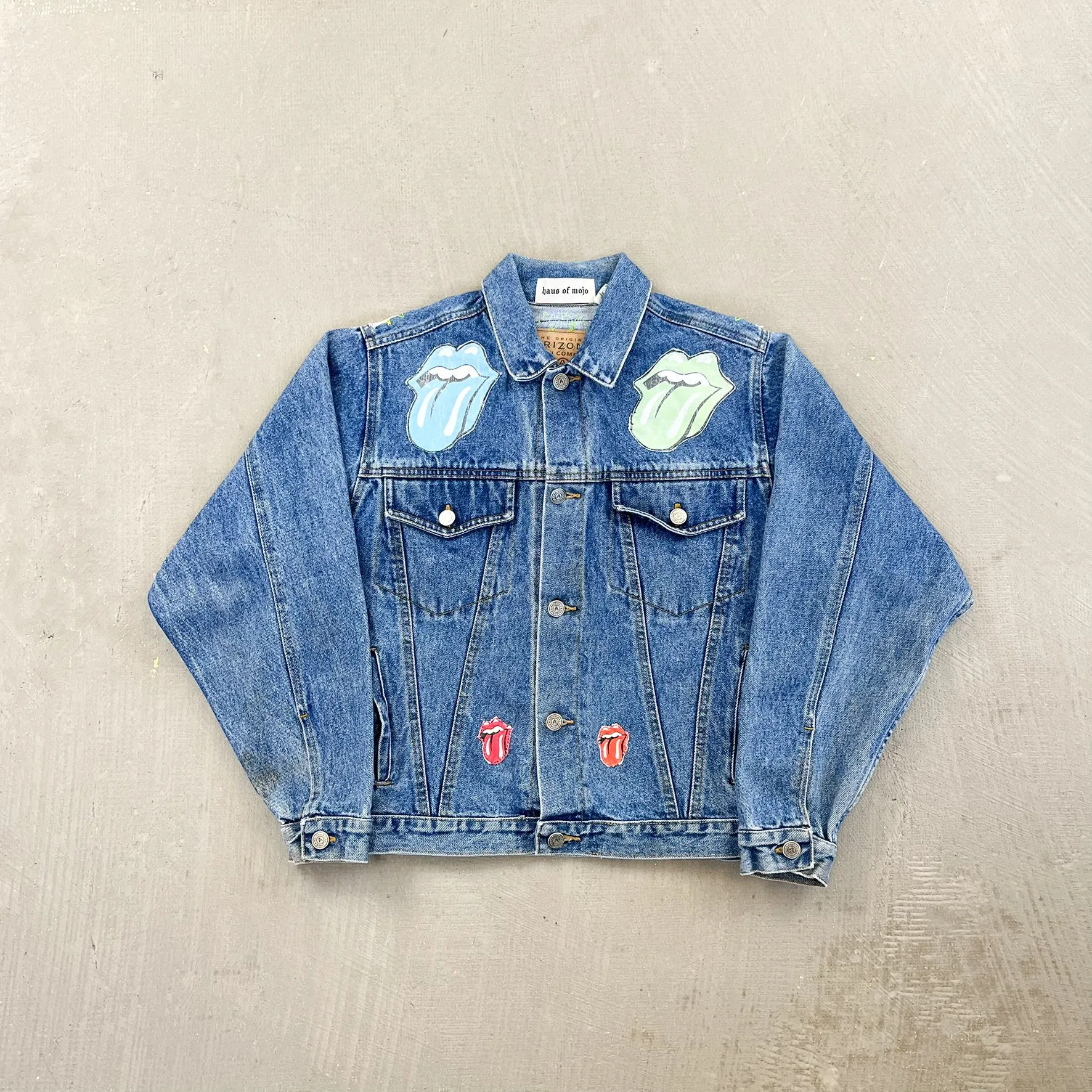 F- HOM Rolling Stones Text & Tongue Logo Reworked Custom Denim Jacket sold by HG Vintage