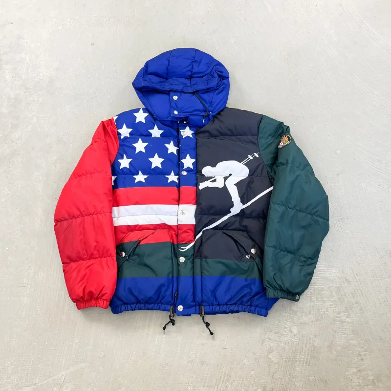 F- Polo Ralph Lauren American Flag & Ski Patchwork Heavy Hooded Winter Jacket sold by HG Vintage