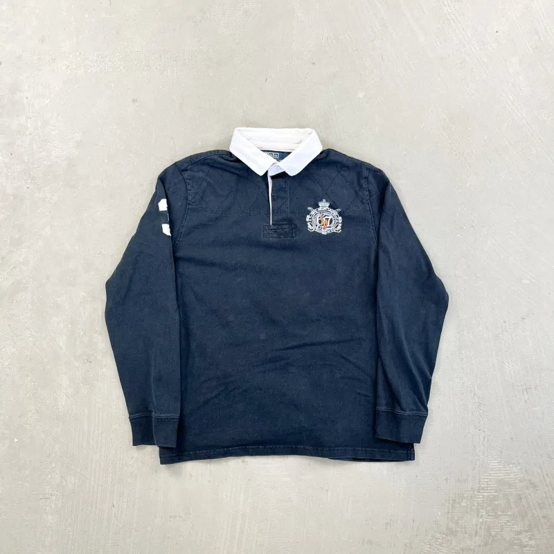 F- Vintage Polo Ralph Lauren Embroidered Crest Black Rugby Shirt sold by HG Vintage