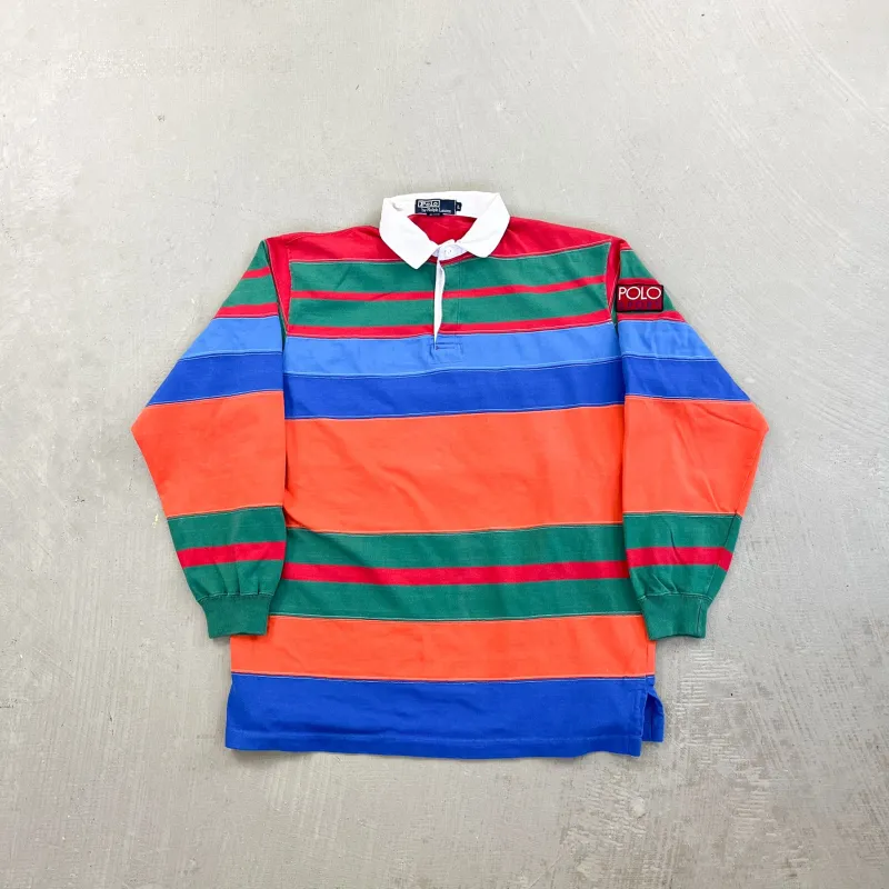 F- Vintage Polo Sport Ralph Lauren Green/Orange/Blue Stripped Rugby Shirt sold by HG Vintage