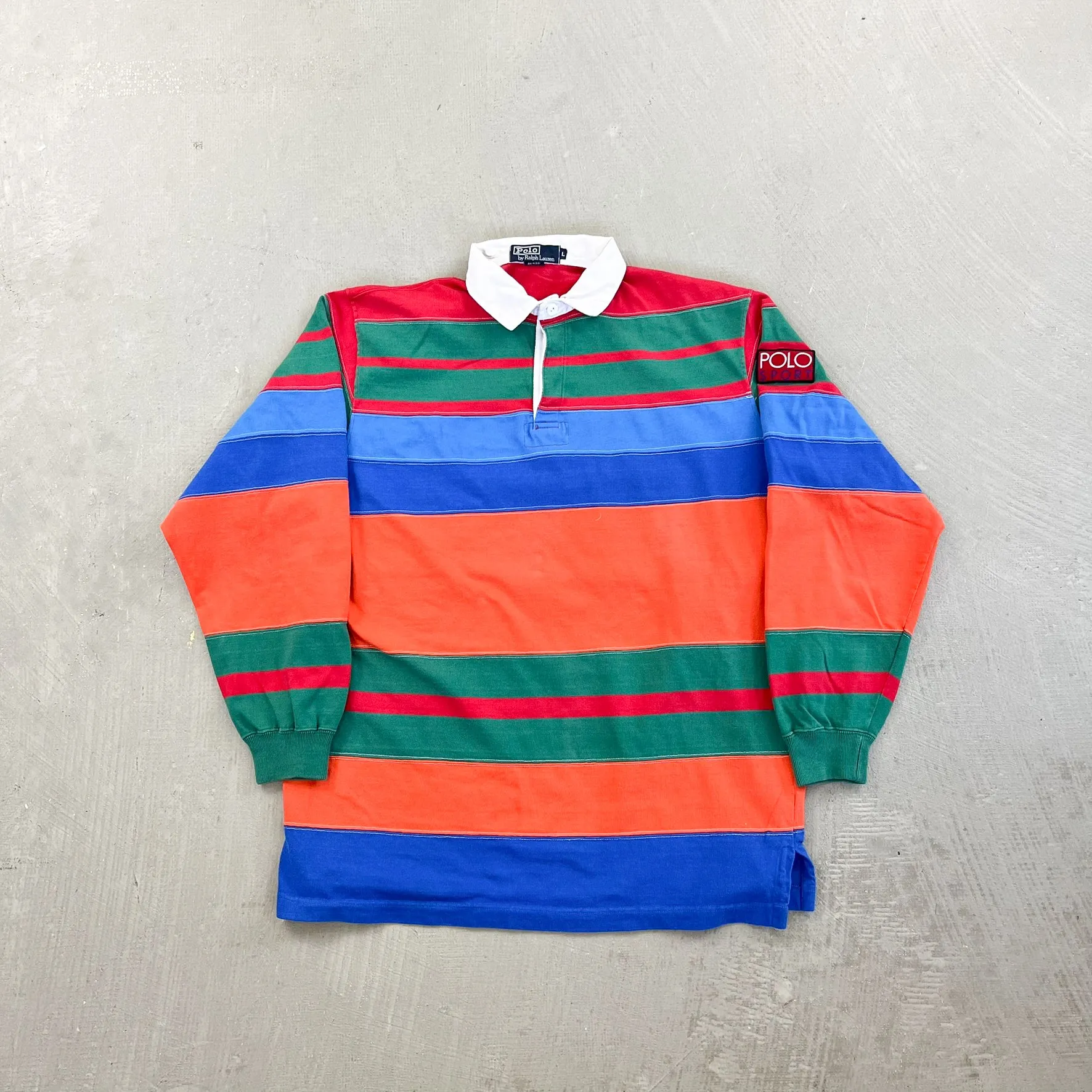 F- Vintage Polo Sport Ralph Lauren Green/Orange/Blue Stripped Rugby Shirt sold by HG Vintage