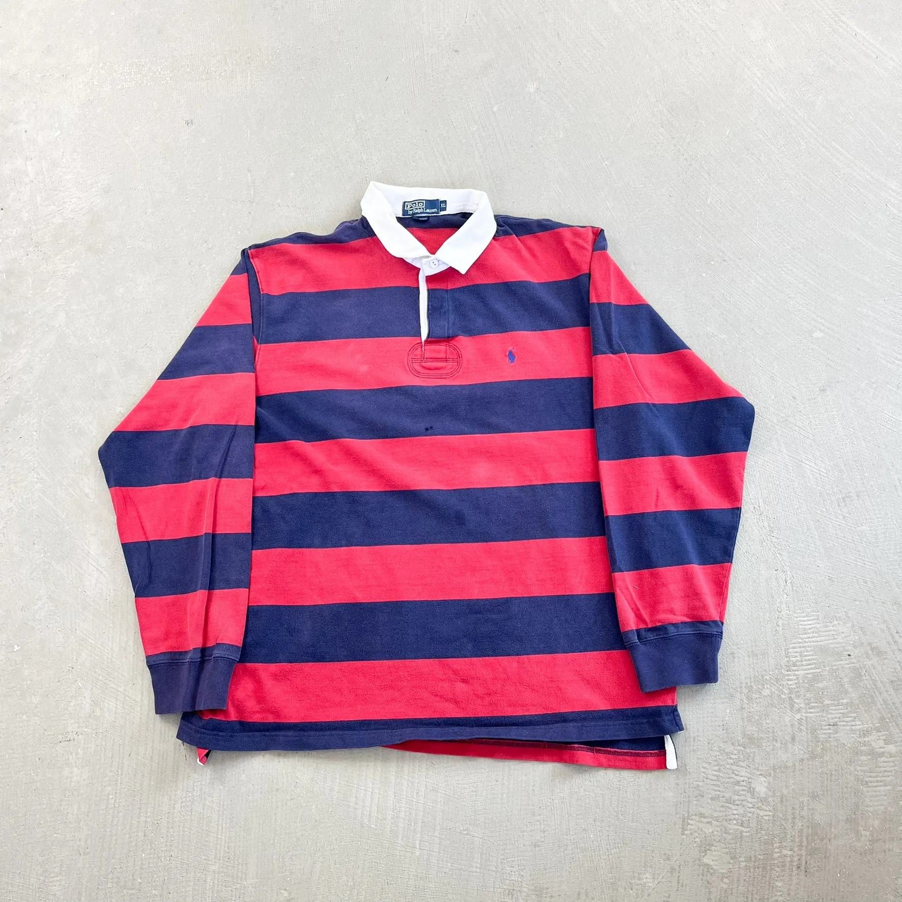 F- Vintage Polo Ralph Lauren Navy/Red Stripped Rugby Shirt sold by HG Vintage