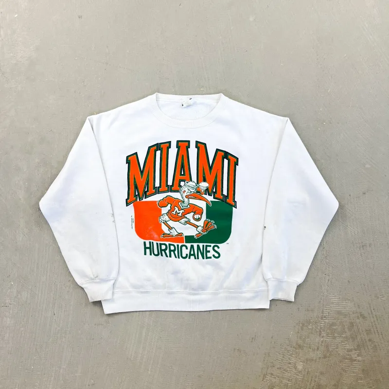F- Vintage '89 University Of Miami Hurricanes Mascot & Text Lee Crewneck sold by HG Vintage