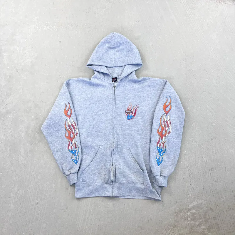 F- Vintage '01 Harley Davidson Oakland Flames Sleeves Zip Up Hoodie made by Harley-Davidson