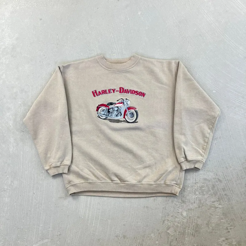 F- Vintage Harley Davidson Embroidered Red Motorcycle & Text Crewneck sold by HG Vintage