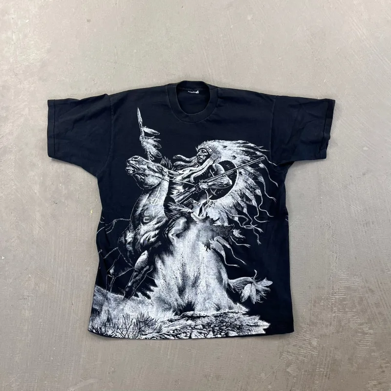 F- Vintage First Nation Warrior On Horse Jumbo Print Single Stitch Tee sold by HG Vintage