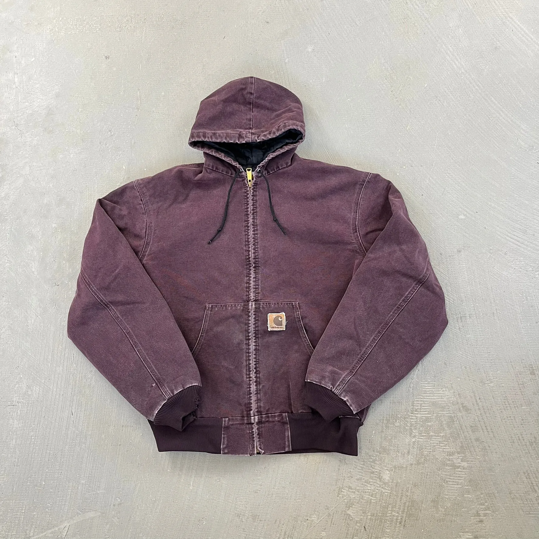 F- Vintage Carhartt Canvas Duck Hooded Insulated Maroon Work Jacket sold by HG Vintage
