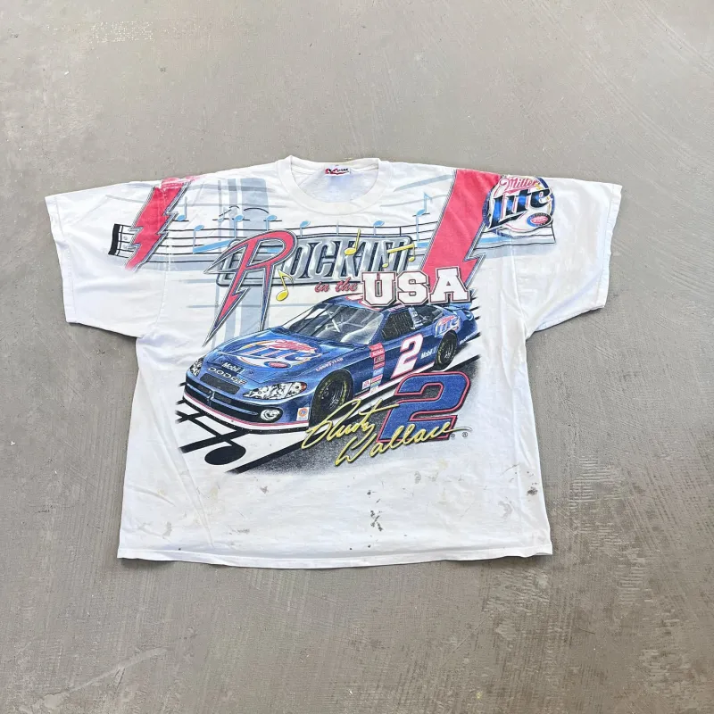 F- Vintage Nascar Rusty Wallace Rockin' In The USA Chase Authentic Car Jumbo Print Tee made by Nascar