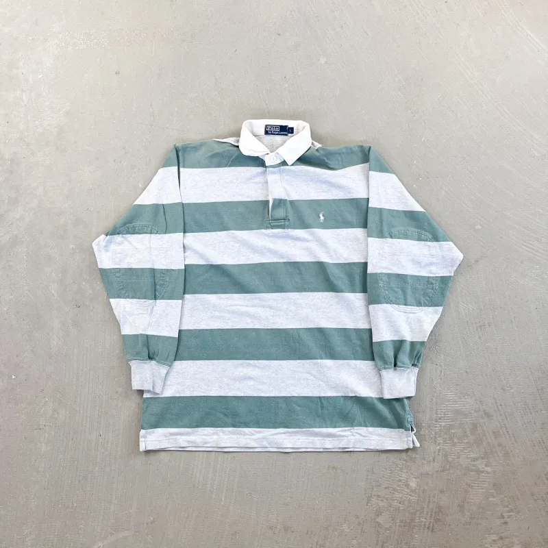 F- Vintage Polo Ralph Lauren Stripped Green/Grey Rugby Shirt sold by HG Vintage